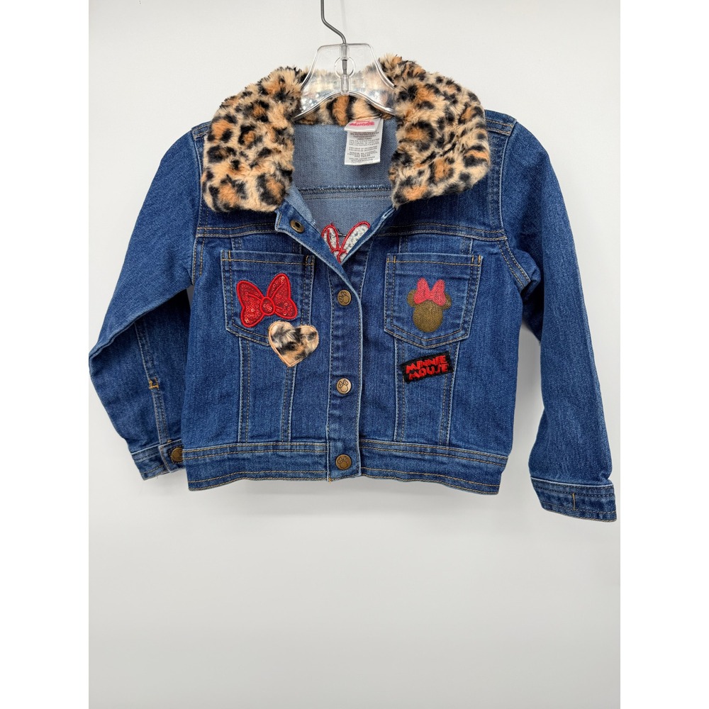 Disney Minnie Mouse Denim Jacket Kids 4T Blue Leopard Faux Fur Sequin Excellent